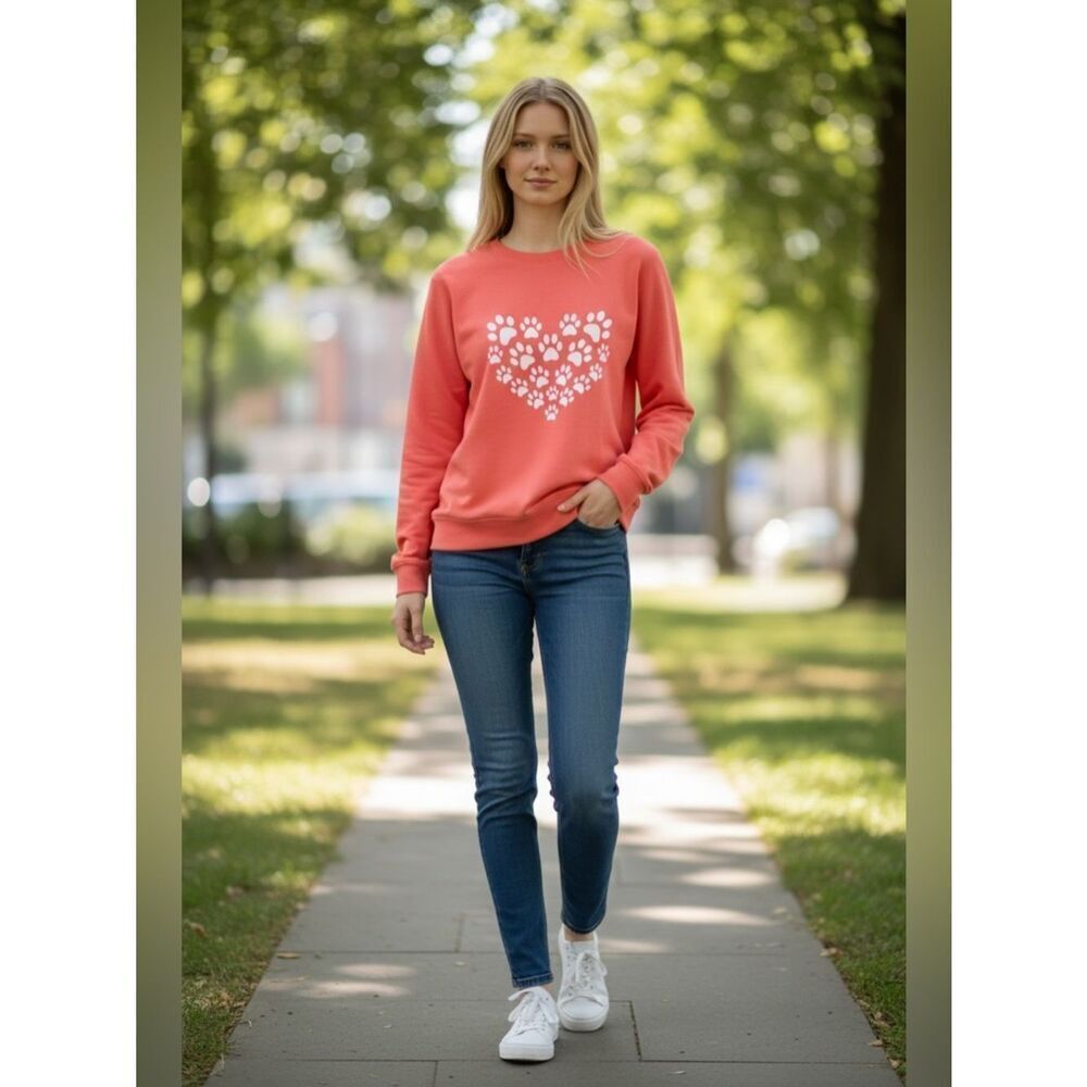 Women's Coral Heart Paw Print Sweater